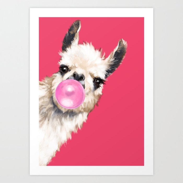 Bubble Gum Sneaky Llama in Red Art Print