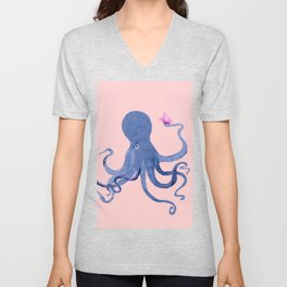 Blue Octopus and Butterfly V Neck T Shirt