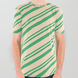 [ Thumbnail: Sea Green & Bisque Colored Lines/Stripes Pattern All Over Graphic Tee ]