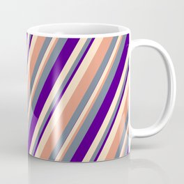 [ Thumbnail: Slate Gray, Indigo, Bisque & Dark Salmon Colored Stripes/Lines Pattern Coffee Mug ]