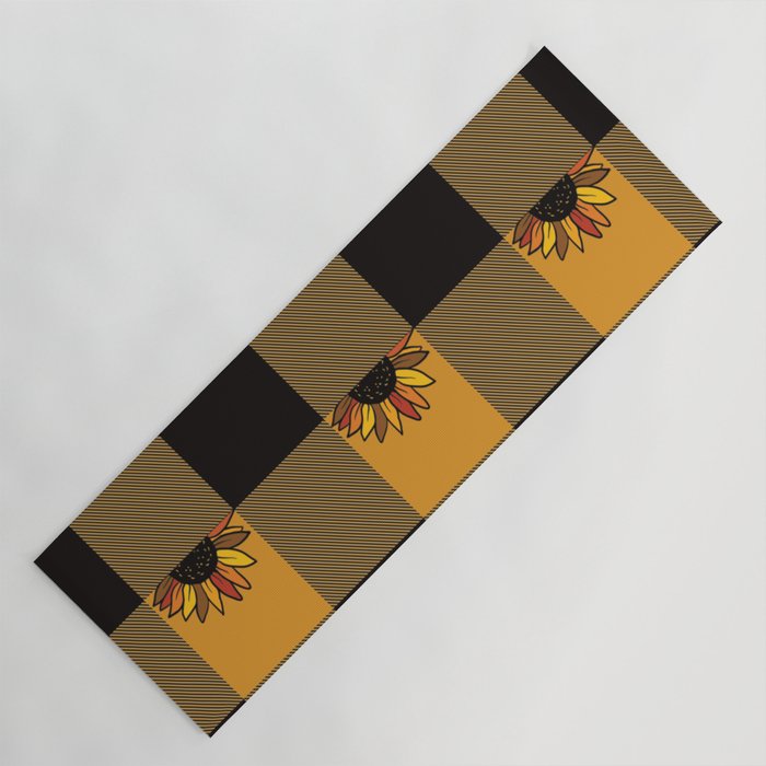 Orange Black Square Check Gingham Plaid Tartan Pattern with Sunflowers Yoga Mat
