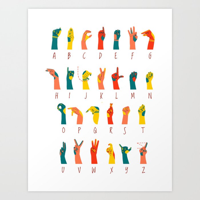 Hand drawn american sign language. Colorful hands sign alphabet poster Art Print