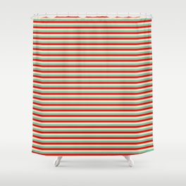 [ Thumbnail: Bisque, Aquamarine & Red Colored Striped/Lined Pattern Shower Curtain ]
