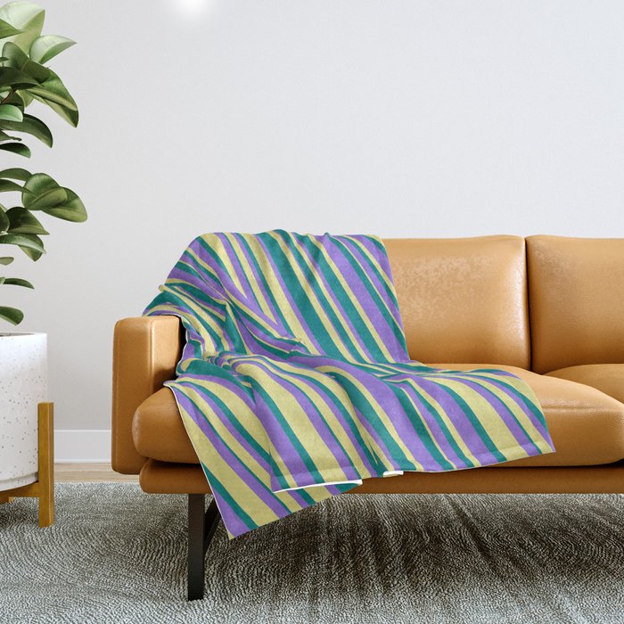 Teal, Purple, and Tan Colored Lines Pattern Throw Blanket