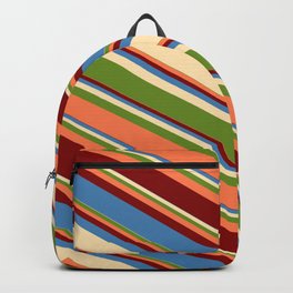 [ Thumbnail: Blue, Beige, Green, Coral, and Maroon Colored Lined Pattern Backpack ]