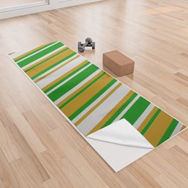 [ Thumbnail: Light Gray, Green & Dark Goldenrod Colored Lines Pattern Yoga Towel ]