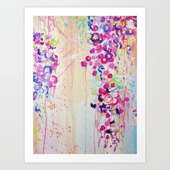 DANCE OF THE SAKURA - Lovely Floral Abstract Japanese Cherry Blossoms Painting, Feminine Peach Blue Art Print