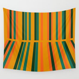 Bright Orange Green Lines on a Gold Perspective Reflection Wall Tapestry