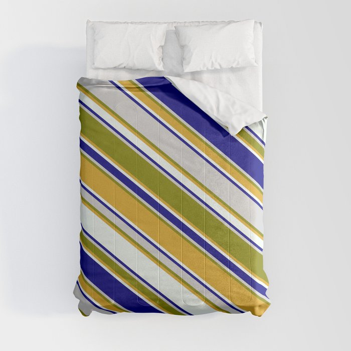 Colorful Light Gray, Green, Goldenrod, Mint Cream, and Blue Colored Pattern of Stripes Comforter