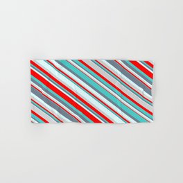 [ Thumbnail: Colorful Light Grey, Red, Turquoise, Slate Gray & Light Cyan Colored Pattern of Stripes Hand & Bath Towel ]
