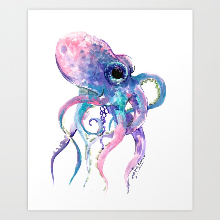 Octopus Pink Purple Sea Animals Design Underwater Scene Painting