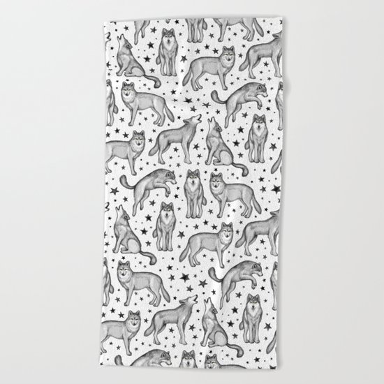Wolves and Stars on White Beach Towel