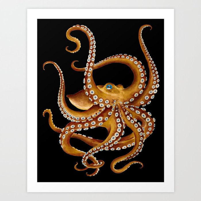 Brown Octopus Blue Eye Black Watercolor Art Print