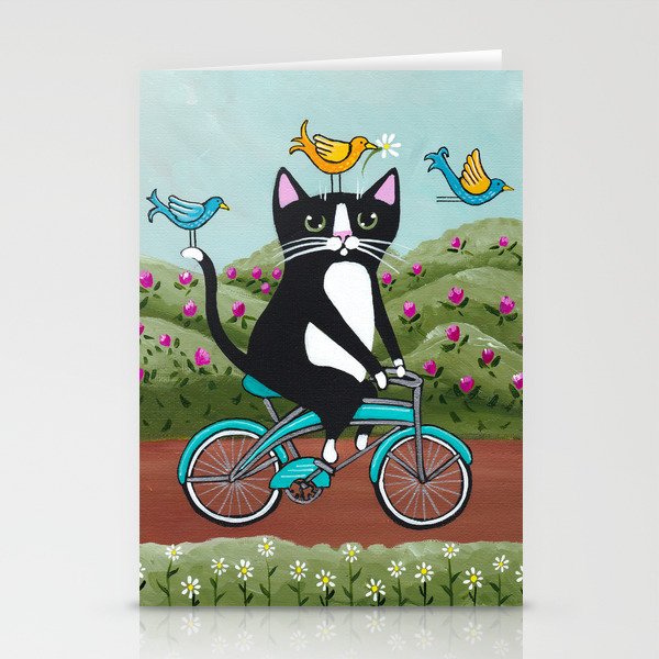 Tuxedo Cat Spring Bicycle Ride Stationery Cards