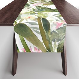 Watercolor pink forest green white orchid tropical floral Table Runner