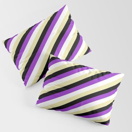[ Thumbnail: Dark Orchid, White, Pale Goldenrod & Black Colored Lined/Striped Pattern Pillow Sham ]