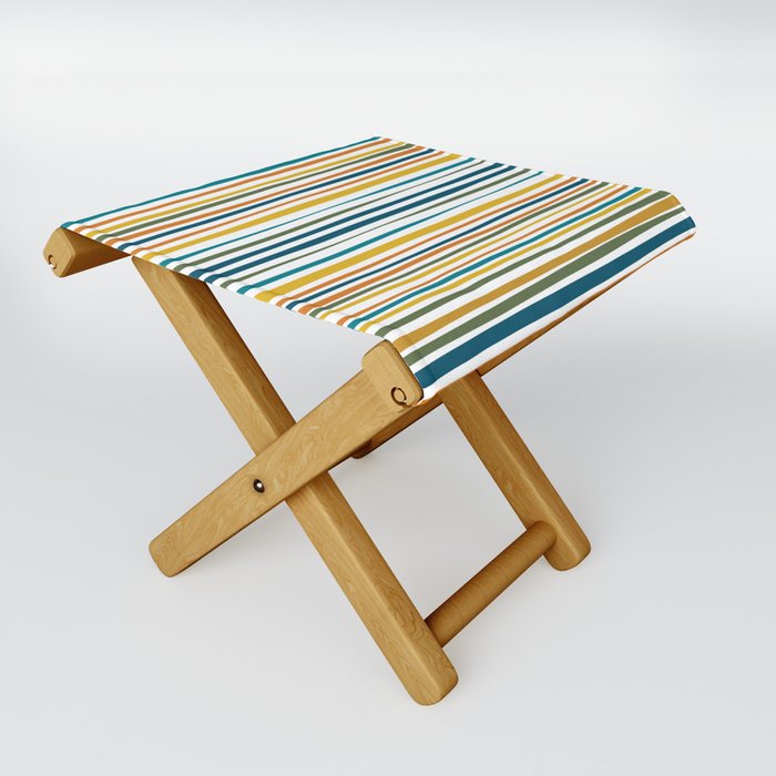 Natural Stripes Pattern in Moroccan Teal Blue Olive Green Mustard Orange Ochre White Folding Stool