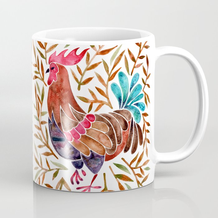 Le Coq – Watercolor Rooster with Sepia Leaves Coffee Mug