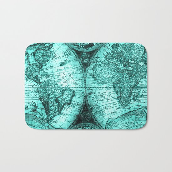 Vintage Turquoise Green Map Design Bath Mat