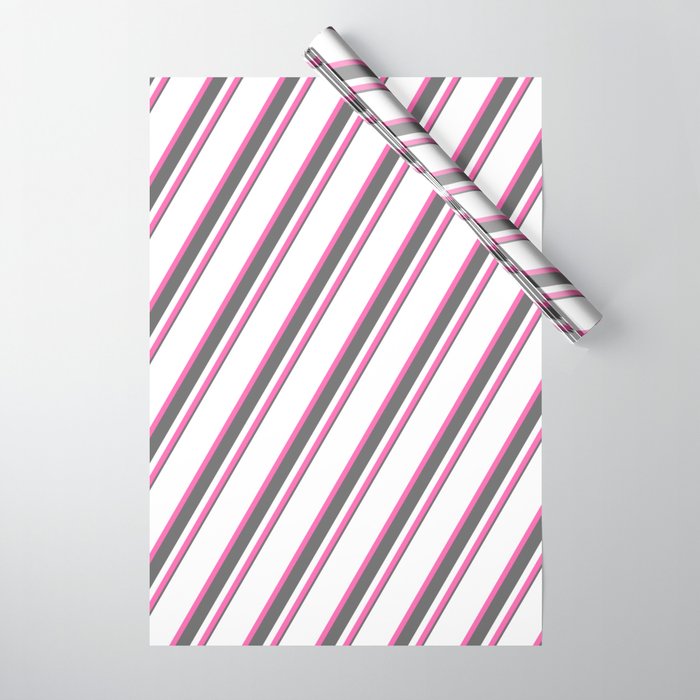 White, Hot Pink & Dim Gray Colored Striped Pattern Wrapping Paper