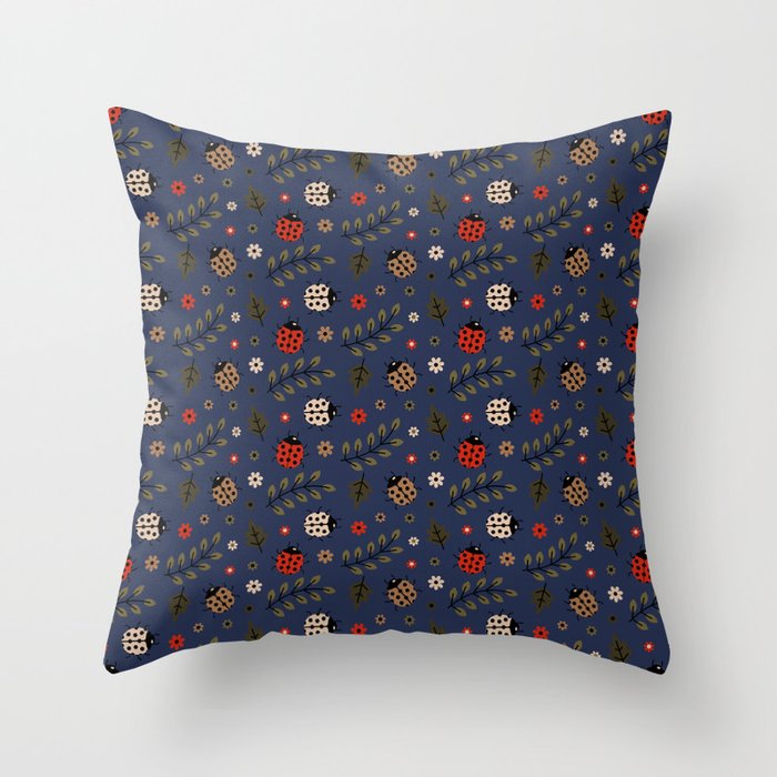 Ladybug and Floral Seamless Pattern on Navy Blue Background Throw Pillow