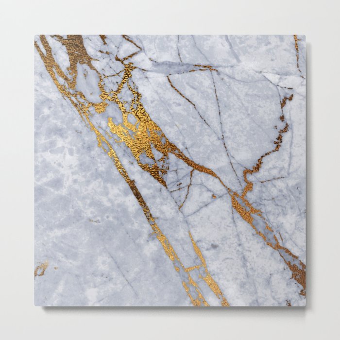 Blue-Gray Steel Marble With Dramatic Gold Veins Metal Print