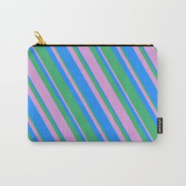 [ Thumbnail: Blue, Sea Green, and Plum Colored Pattern of Stripes Carry-All Pouch ]