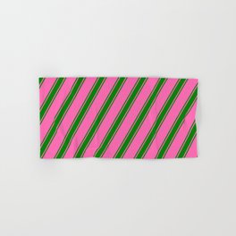 [ Thumbnail: Hot Pink and Green Colored Lined/Striped Pattern Hand & Bath Towel ]