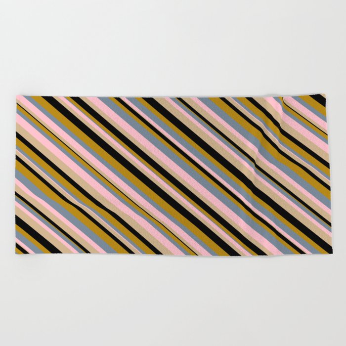 Vibrant Light Slate Gray, Pink, Tan, Black, and Dark Goldenrod Colored Lined Pattern Beach Towel