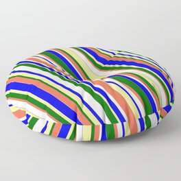 [ Thumbnail: Vibrant Blue, Tan, Dark Green, Red, and White Colored Stripes/Lines Pattern Floor Pillow ]