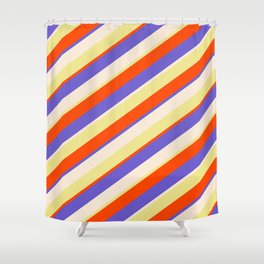 [ Thumbnail: Red, Slate Blue, Beige, and Tan Colored Lines/Stripes Pattern Shower Curtain ]