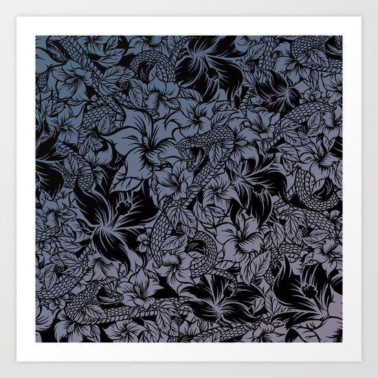 Snaky Fleur, Blue Fade Art Print