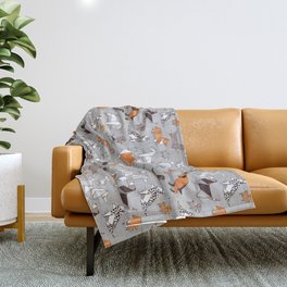 Origami doggie friends // grey linen texture background Throw Blanket