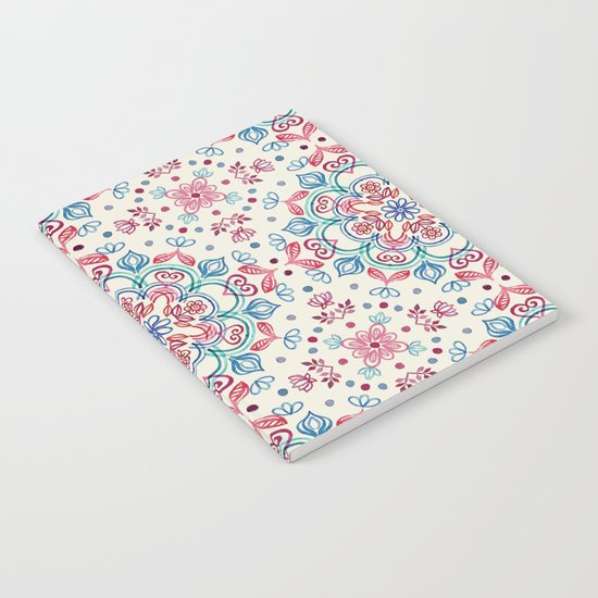 Pastel Blue, Pink & Red Watercolor Floral Pattern on Cream Notebook
