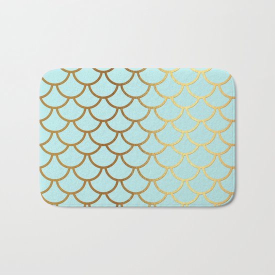 Aqua Teal and Gold Foil MermaidScales - Mermaid Scales Bath Mat
