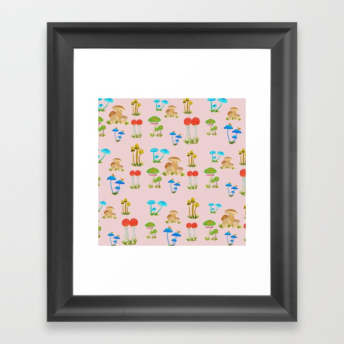 Lovely Mushrooms Pink Background Framed Art Print