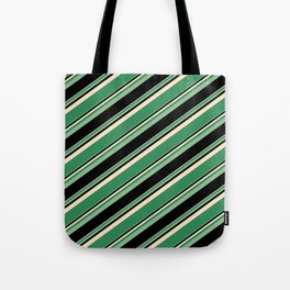 [ Thumbnail: Bisque, Sea Green, Dark Sea Green, and Black Colored Lined Pattern Tote Bag ]