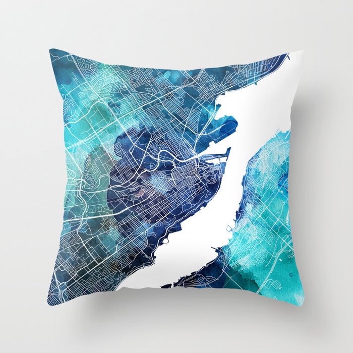 Quebec Canada Map Navy Blue Turquoise Watercolor Throw Pillow