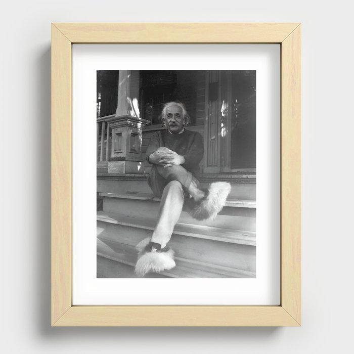 Funny Einstein in Fuzzy Slippers Classic Black and White Satirical  Photography - Photographs Recessed Framed Print by Jeanpaul Ferro | Society6