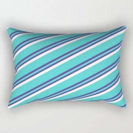 [ Thumbnail: Turquoise, Dark Slate Blue & White Colored Striped Pattern Rectangular Pillow ]