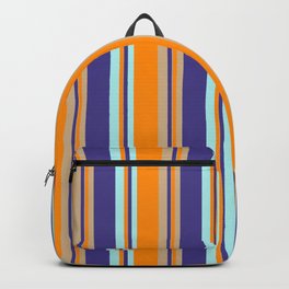 [ Thumbnail: Dark Slate Blue, Tan, Dark Orange & Turquoise Colored Stripes Pattern Backpack ]