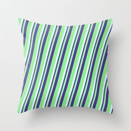 [ Thumbnail: Dark Slate Blue, Light Green & Light Cyan Colored Lined Pattern Throw Pillow ]
