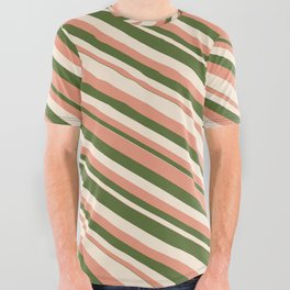 [ Thumbnail: Dark Salmon, Dark Olive Green & Beige Colored Lines/Stripes Pattern All Over Graphic Tee ]