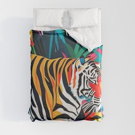 The Tigress, Fearless Wild Animal Tropical Jungle, Multicolor Cat Confidence Peaceful Calm Bohemian Eclectic Duvet Cover