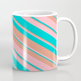 [ Thumbnail: Dark Salmon, Light Pink & Dark Turquoise Colored Stripes Pattern Coffee Mug ]