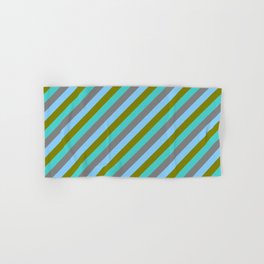 [ Thumbnail: Grey, Light Sky Blue, Green, and Turquoise Colored Pattern of Stripes Hand & Bath Towel ]