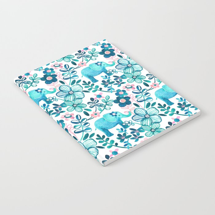 Dusty Pink, White and Teal Elephant and Floral Watercolor Pattern Notebook