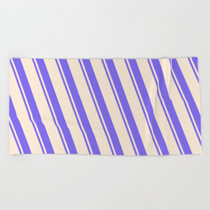 Beige and Medium Slate Blue Colored Striped Pattern Beach Towel
