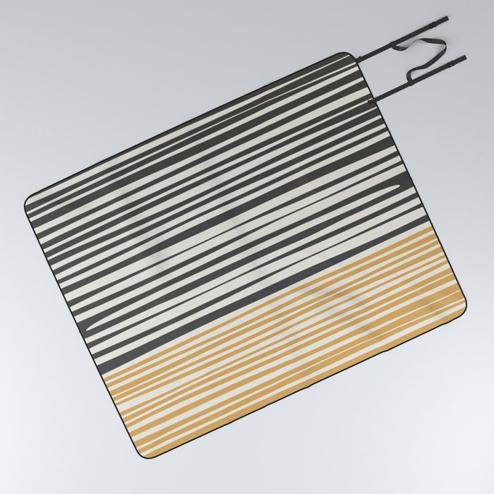 Natural Stripes Modern Minimalist Colour Block Pattern Charcoal Grey, Muted Mustard Gold, and Cream Beige Picnic Blanket