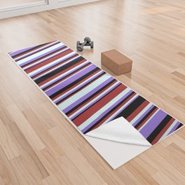 [ Thumbnail: Purple, Light Cyan, Brown, and Black Colored Striped/Lined Pattern Yoga Towel ]